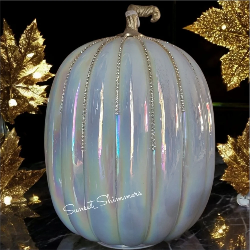 Stunning Rachel Zoe Opal Rhinestone Lighted Glass Pumpkin Thanksgiving Halloween